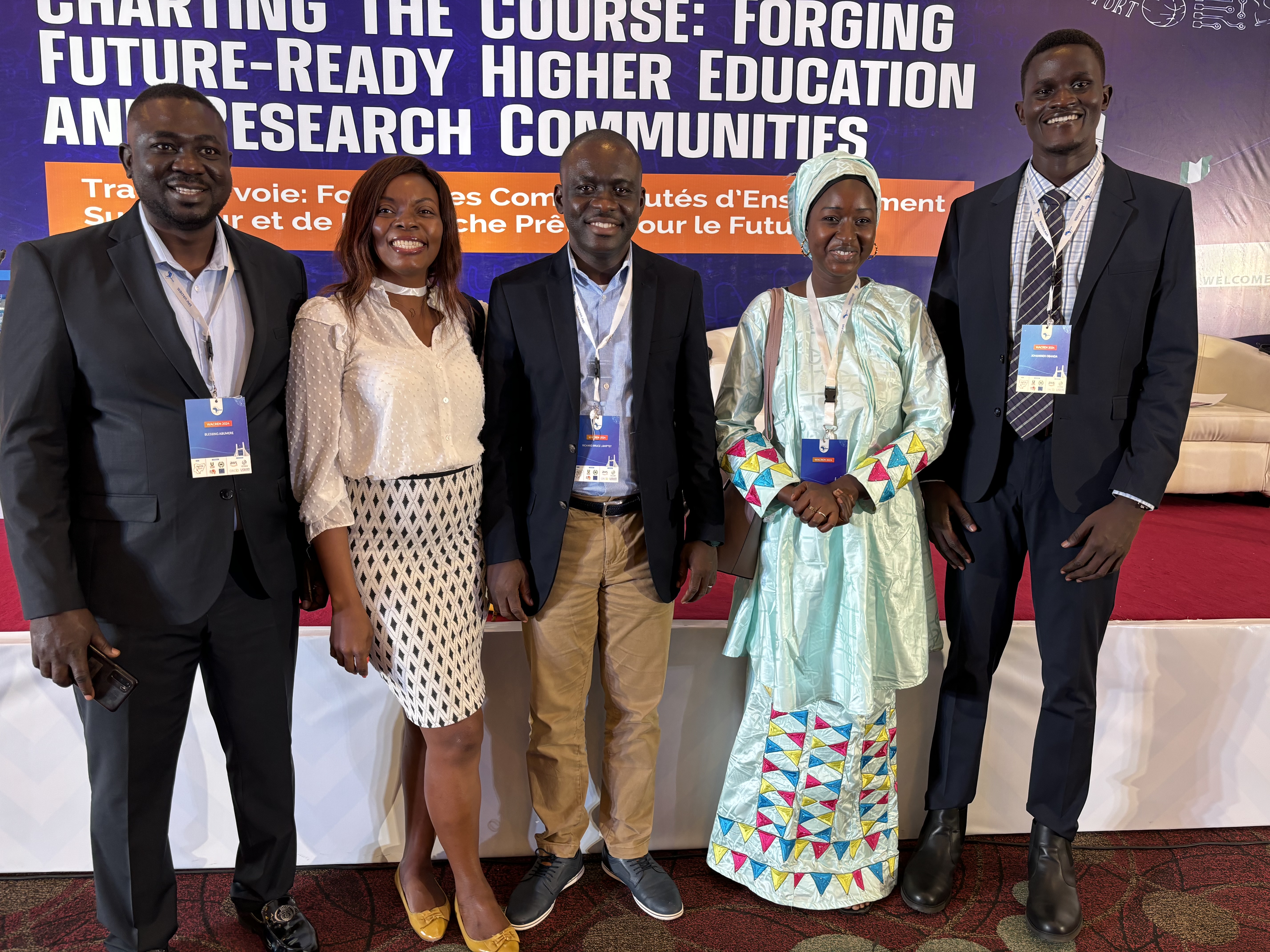 Photo with our Ambassadors from West Africa at WACREN 2024 event: Blessing Abumere - Nigeria, Audrey Kenni Nganmeni - Cameroon, Richard Lamptey - Ghana and Oumy Ndiaye - Senegal.