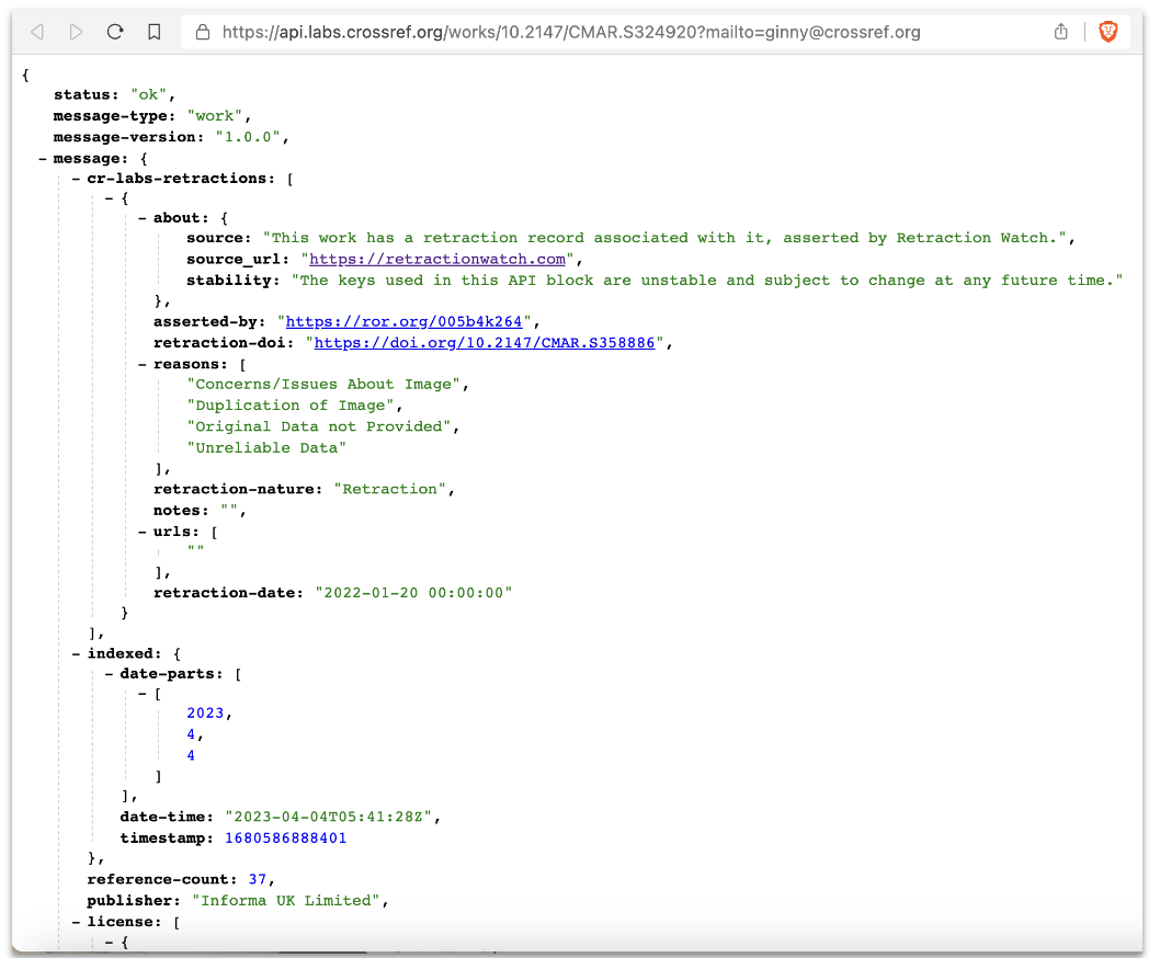 A screenshot of an example Labs API metadata record with a Retraction Watch-asserted retraction