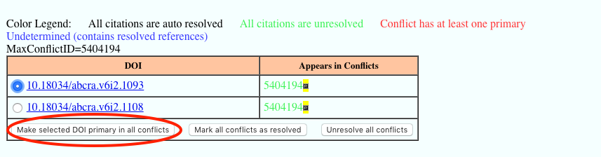 Conflict report: Make selected DOI primary in all conflicts