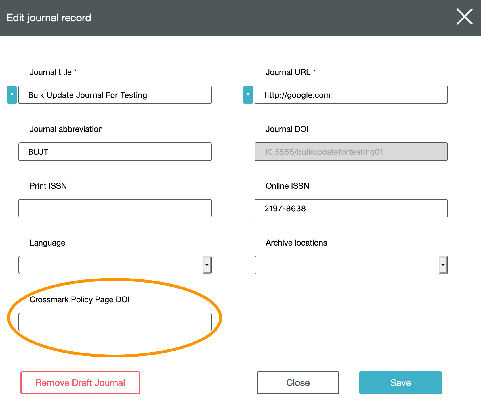 Add Crossmark policy page DOI in Metadata Manager