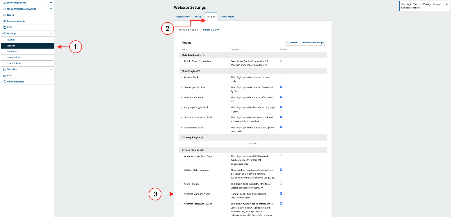 screenshot of Crossref Manager Plugin for OJS 3.5